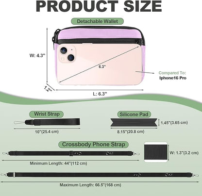 Clip and Go Strap for Phone with Wallet Crossbody, Adjustable Phone Lanyard with Detachable RFID Wristlet Wallet & Ultra-Thin 360° Rotatable Metal Tabs for All Smartphones (Purple)