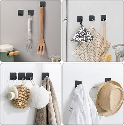VIS'V Adhesive Hooks, Metal Shower Wall Stick on Hooks, Waterproof, 2 Extra Adhesive Strips, Black, 4 Pcs