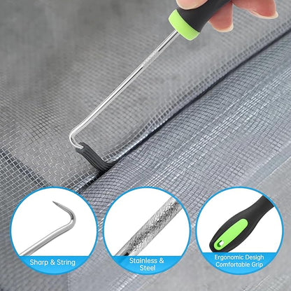 Window Screen Repair Kit, Steel/Nylon Roller Tool with Bearing+8pcs Screen Clips+32ft Screen Spline+Spline Removal Hook, 5 in 1 Screen Roller Tool Kit for Installing Door Mesh Screens