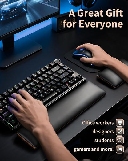 ASFSKY Keyboard and Mouse Wrist Rest Set - Memory Foam & Wooden Base Ergonomic Wrist Support Pad with PU Leather Cover, Non-Slip, Durable & Easy-to-Clean Wrist Cushion for Office, Gaming Desk