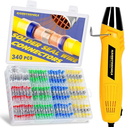 haisstronica 340 PCS Solder Seal Wire Connectors with Heat Gun Kit - Solder Sticks Wire Terminals Waterproof Electrical Connectors for Automotive, Marine, Wiring Repair