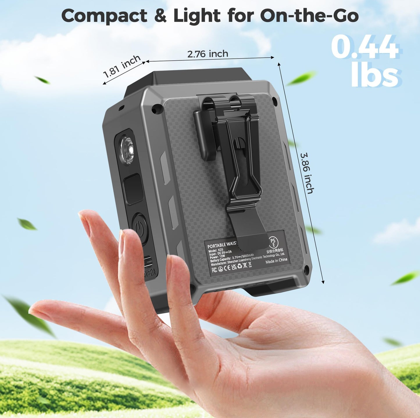Portable Mini Waist Fan - Rechargeable Clip on Belt Wearable Body Fan, Max 20H Cooling,5 Speeds 16000RPM Turbo Hands-Free Under-Shirt Neck Fan for Outdoor Jobsite Camping Traveling