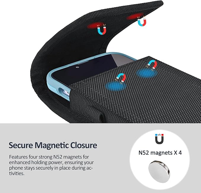 Phone Holster for Belt with Metal Clip and Magnetic Closure Compatible with iPhone 16/15/14/13/12 Pro and Non-Pro, Galaxy S25 S24 S23 S22 for Everyday Protection, M-Black