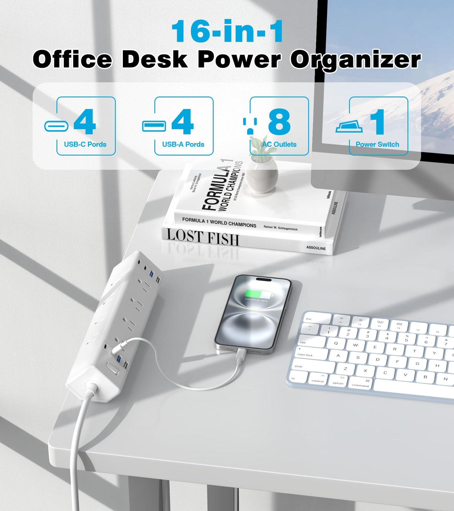 40W Fast Charging Station,Desk Clamp Power Strip,4 USB-C Ports & 8 AC Outlets,Desktop Edge Mount Surge Protector Power Strip,14AWG Heavy Duty Cord,Fit 1.9" Tabletop Edge for Home Office(6Ft Cable)