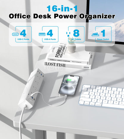 40W Fast Charging Station,Desk Clamp Power Strip,4 USB-C Ports & 8 AC Outlets,Desktop Edge Mount Surge Protector Power Strip,14AWG Heavy Duty Cord,Fit 1.9" Tabletop Edge for Home Office(6Ft Cable)