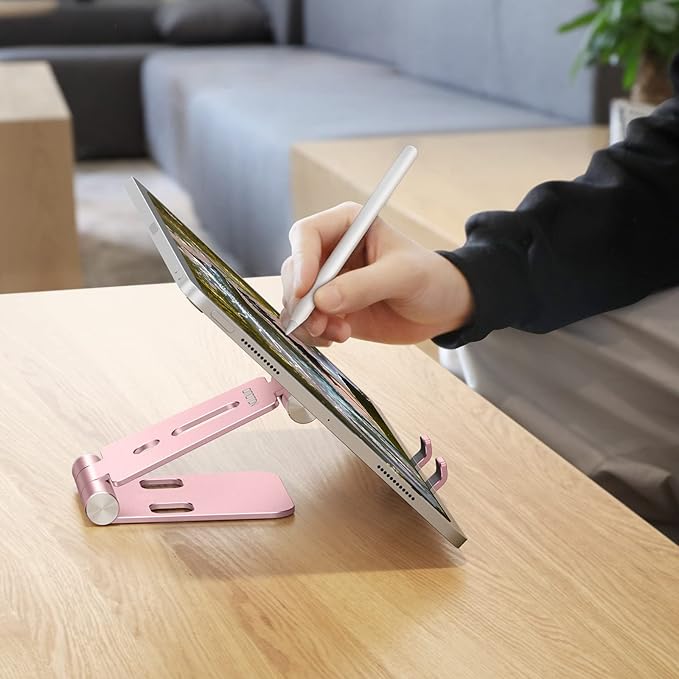 OMOTON Foldable Cell Phone Stand, C4 Portable Aluminum Phone Holder, Adjustable Phone Dock Cradle Compatible with iPhone 16/15/14/13 Pro Max, Samsung Galaxy, Small Tablets, All Smart Phones, Rose Gold
