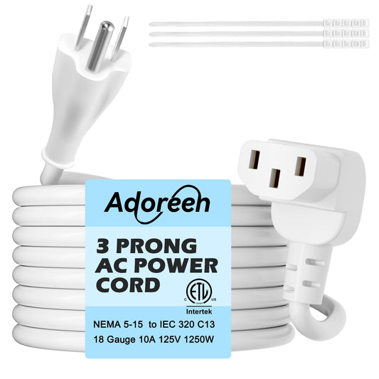 Adoreen 15 Ft Computer TV Replacement Power Cord White, 18AWG 3-Prong AC Universal Power Supply Cable NEMA 5-15P to IEC 320 C13 for Printer, PC, Monitor TV LCD, ETL+Ties