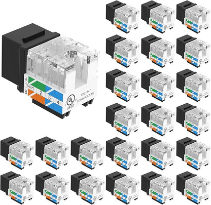 VCE UL Listed Cat6 RJ45 Keystone Jack Insert 25-Pack, 90 Degree Punch Down Keystone Jack Adapter Slim Profile Black