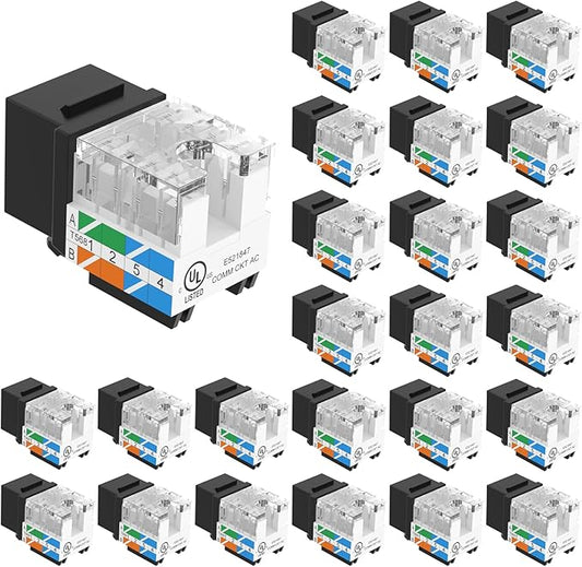 VCE UL Listed Cat6 RJ45 Keystone Jack Insert 25-Pack, 90 Degree Punch Down Keystone Jack Adapter Slim Profile Black