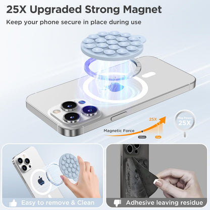 HSAOHD Magnetic Suction Cup Phone Mount with MagSafe, Silicone Hands-Free Grip Holder for iPhone Case and Android, Mirror Shower Phone Stand for Makeup FaceTime Gym Kitchen Bathroom, Baby Blue
