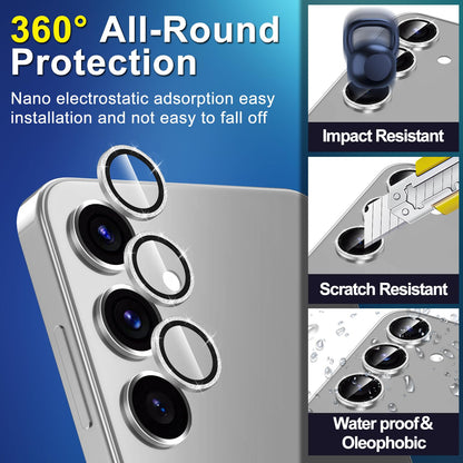 Avocase for Samsung Galaxy S25 Camera Lens Protector, Individual Metal Ring Tempered Glass Lens Cover, [Strong Adsorption] Scratch Resistant Ultra-Thin HD Clear Lens Cover, 1 Set-Silvery Sparkly