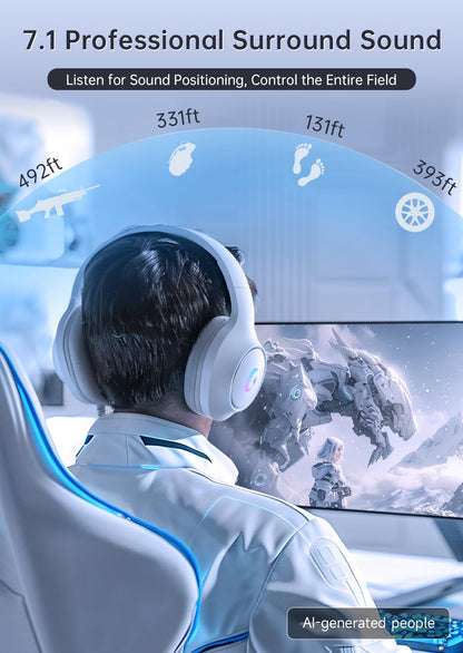 syndesmos CM7002 Gaming Headset for PC, PS5, Xbox Series X|S, Switch, Over-Ear Headphones with 7.1 Surround Sound, 50MM Drivers & Noise Canceling Mic, RGB Comfort Headset for Gaming, Light White