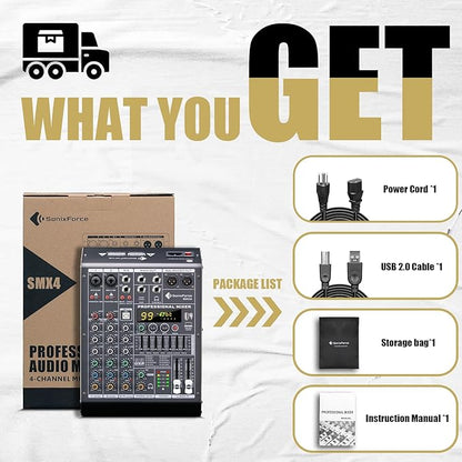 Professional Audio Mixer 4 Channel Sound Board Console System 99 DSP DJ Mixer 48V Phantom for Karaoke DJ Studio Streaming Recording