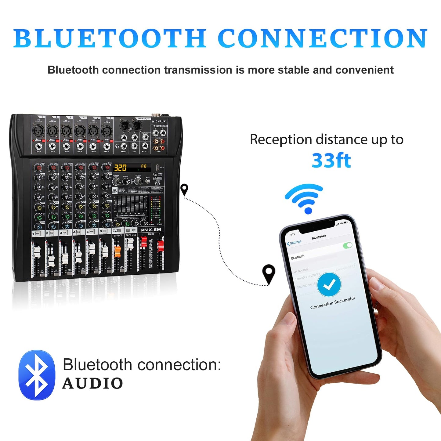 MICNAUX Audio Mixer 6 Channel Professional Mixer Console with 320 DSP Effects, 7-band EQ Sound Mixing Board Digital DJ Mixer w/USB Bluetooth MP3 for Recording, Independent 48V Power & Mute Button