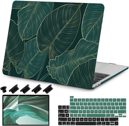 Teryeefi for MacBook Pro 13 inch Case M2 M1 2022 2020 2019-2016 Model A2338 A2289 A2251 A2159 A1989 A1706 with Touch Bar, Hard Shell Case & Keyboard Cover & Screen Protector, Green Leaf