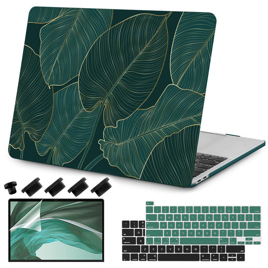 Teryeefi for MacBook Pro 13 inch Case M2 M1 2022 2020 2019-2016 Model A2338 A2289 A2251 A2159 A1989 A1706 with Touch Bar, Hard Shell Case & Keyboard Cover & Screen Protector, Green Leaf