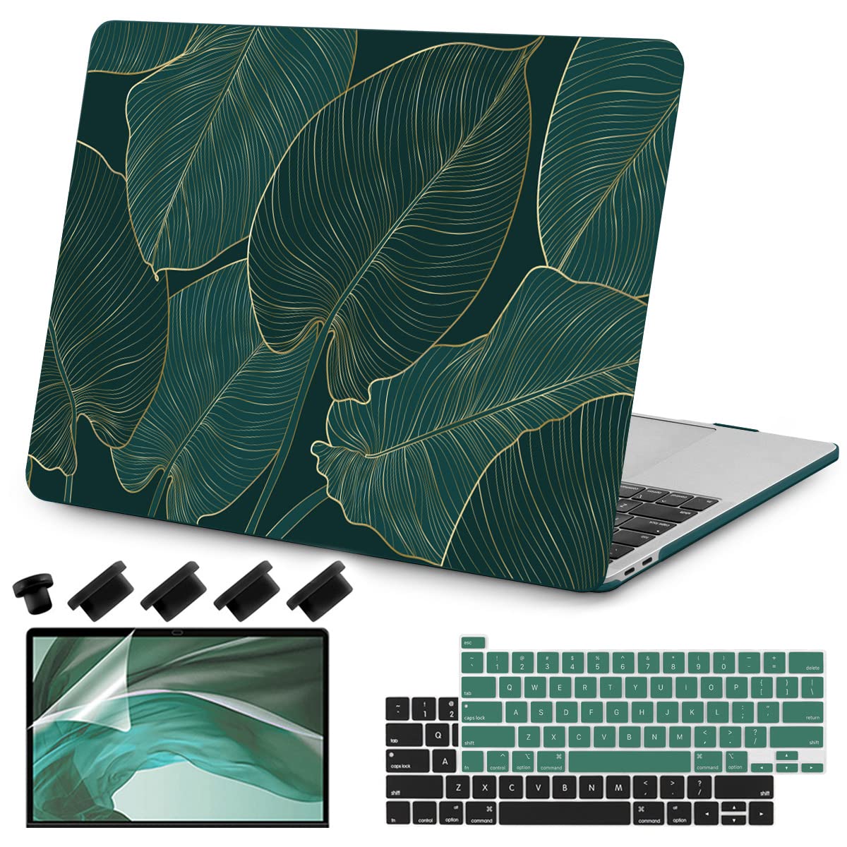 Teryeefi for MacBook Pro 13 inch Case M2 M1 2022 2020 2019-2016 Model A2338 A2289 A2251 A2159 A1989 A1706 with Touch Bar, Hard Shell Case & Keyboard Cover & Screen Protector, Green Leaf