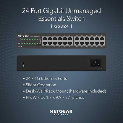 NETGEAR 24-Port Gigabit Ethernet Unmanaged Essentials Switch (GS324) - Desktop, Wall, or Rackmount, Silent Operation