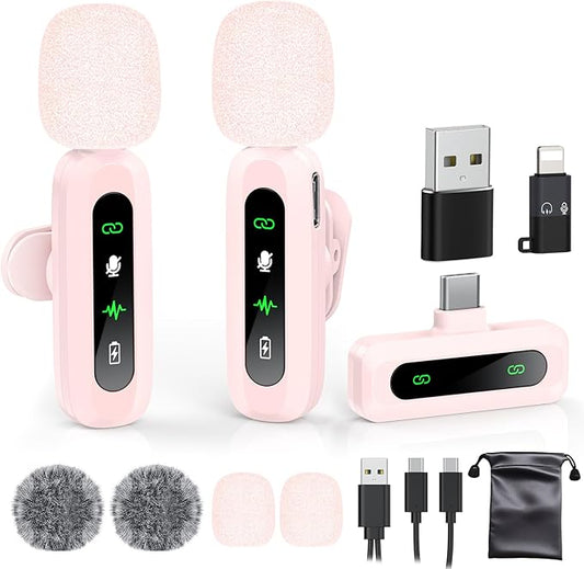 USB C Lavalier Microphone Wireless Mini Mic for Type-C Android Phone/Tablet/PC Video Recording Clip-on Mics with Rotatable Clip&Denoise Recording, Ideal for Vlog Tiktok Youtube Content Creator, Pink