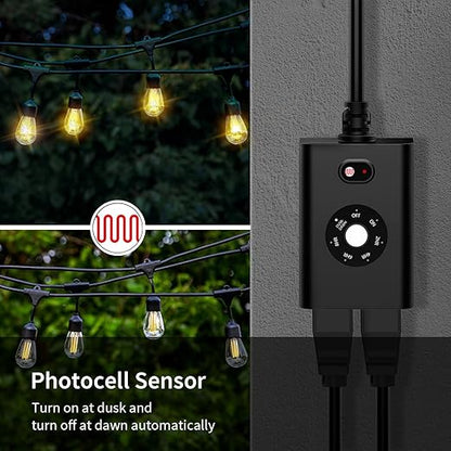 Minoston Outdoor Timer Outlet Waterproof 2 Pack, Dusk to Dawn Photocell Light Sensor Socket, 2/4/6/8 Hours Cutdown Timer, 2 Grounded Outlets for Christmas and Hallowen Deceration, Black(MP40T)