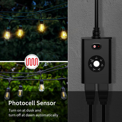 Minoston Outdoor Timer Outlet Waterproof with Remote, 2 Outlets Dusk to Dawn Plug, Light Sensor Countdown Timer 2 4 6 8 Hours 100Ft Remote Control Home Garden(MP42T)