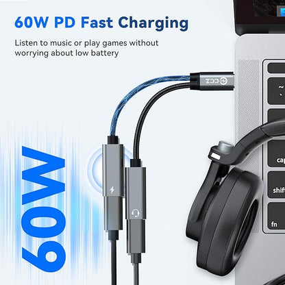 USB C Splitter,1 in 2 Out Dual USB C Type Headphone and 60W PD Charger Audio Adapter,Hi-Fi Sound Quality Type C Headphone Adapter and Charging Dongle Cable for Phone 16/15 Pro Max(USB-USB,5Pack)