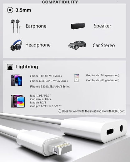 2 Pack Lightning to 3.5mm Headphone Jack Adapter, [Apple MFi Certified] 2 in 1 Headphone Adapter Aux Audio and Charger Adapter Dongle Cable Splitter Compatible with iPhone 14 13 12 11 XS XR 8 7