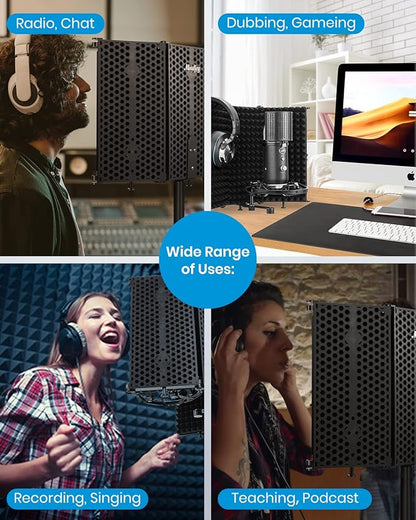 Moukey Microphone Isolation Shield, Foldable Mic Shield with Triple Sound Insulation, Reflection Filter with 3/8" and 5/8" Mic Threaded Mount for Recording Studio, Podcasts, Singing, and Broadcasting