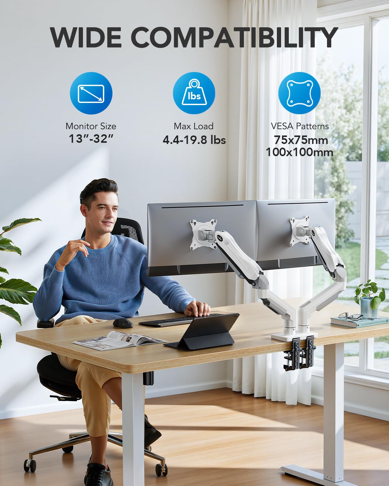 HUANUO Dual Monitor Stand - Full Adjustable Monitor Desk Mount Swivel Vesa Bracket with C Clamp, Grommet Mounting Base for 13 to 32 Inch Computer Screens - Each Arm Holds 4.4 to 19.8lbs - White