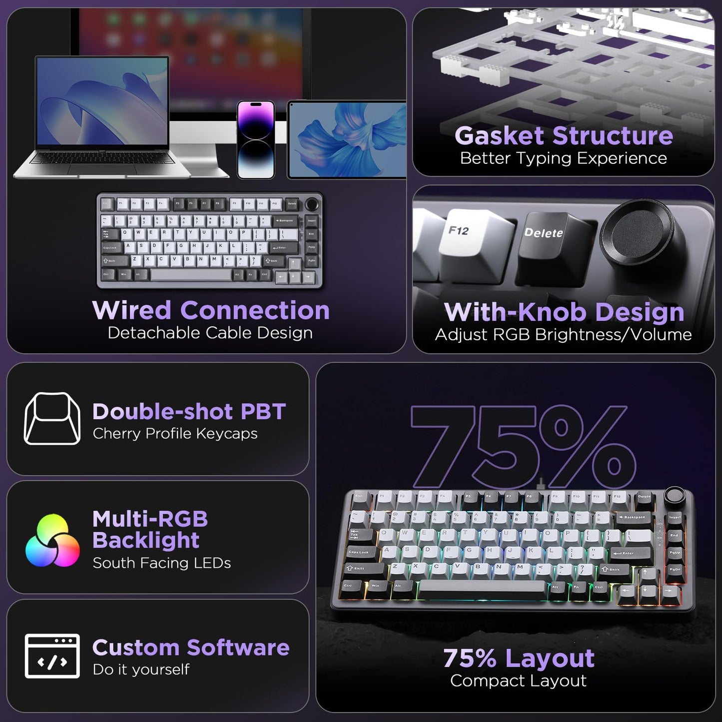 YUNZII B75 75% Hot Swap RGB Mechanical Keyboard(Dark Grey,Cocoa V2)