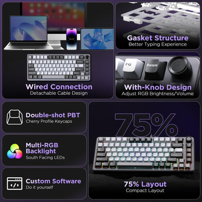 YUNZII B75 75% Hot Swap RGB Mechanical Keyboard(Dark Grey,Cocoa V2)