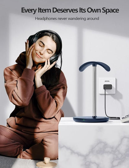 Miroddi Headphone Stand with Wireless Charger, Independent USB Charging Port, 5 in 1 Charging Station Headset Holder Rack for iWatch, iPhone, Samsung and Desk All Headphones, Dark Blue