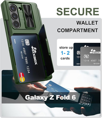 for Samsung Galaxy Z Fold 6 Case with Card Holder & Hinge Protection & Slide Lens Cover, Built-in S Pen Holder & Screen Protector, Heavy Duty Rugged Wallet Phone Case for Z Fold 6 2024, Green