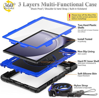 SEYMAC stock Case for Samsung Galaxy Tab A9 8.7'', Full-Body Drop Protection Case with Screen Protector Pencil Holder [360° Rotating Hand Strap] &Stand, Blue+Black