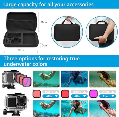 Accessories Kit for DJI Osmo Action 5 Pro/4/3 Black, SGIP Waterproof Protective Cover Housing Bike Mount Selfie Stick, Accessory Set