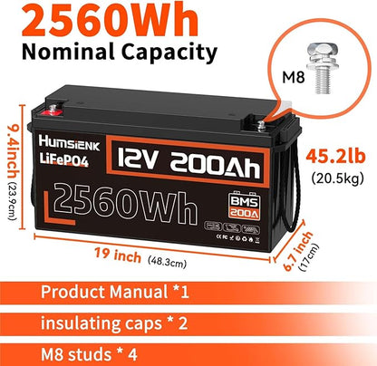 4PACK 12V 200Ah LiFePO4 Battery, Built-in 200A BMS, Rechargeable Deep Cycles DIY Battery, 2560Wh Lithium Battery for Off-Grid and Home Solar System, Marine, Trailer, RV