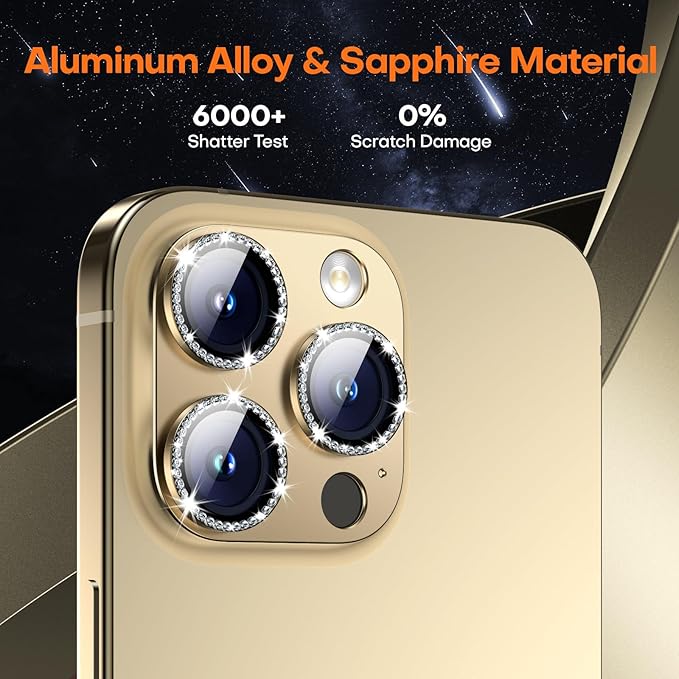 Camera Lens Protector for iPhone 16 Pro Max/16 Pro/iPhone 15 Pro Max/15 Pro/iPhone 14 Pro Max/14 Pro, Aluminum Alloy Sapphire Glass Camera Screen Cover, Case Friendly- Gold Diamond