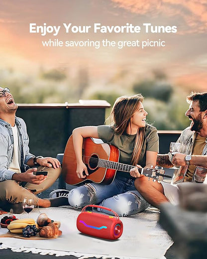 Portable Bluetooth Speaker with Light, Loud Sound and Deep Bass, IPX6 Waterproof, Up to 18H Playtime, TWS Pairing, Support Bluetooth/AUX/USB/TF Card for Home, Party, Outdoor and Travel (Red)