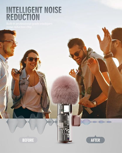 PQRQP 3 in 1 Wireless Lavalier Microphone for iPhone, iPad, Android, Camera, Mini Microphone, 7-Hour Battery, High Definition Sound Quality for Interview, Video Podcast, Vlog (Pink)