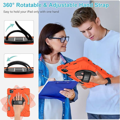 Case for iPad Pro 11 Inch 2022/2021/ 2020/2018: Silicone Cover for iPad 11 Inch 4th/ 3rd/ 2nd/ 1st/ Generation with Screen Protector- Stand- Handle- Shoulder Strap- Pencil Holder-Orange