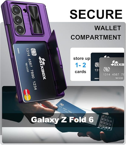 for Samsung Galaxy Z Fold 6 Case with Card Holder & Slide Camera Lens Cover & Hinge Protection & Screen Protector, Multifunctional Durable Rugged Phone Case for Samsung Z Fold 6, Dark Purple