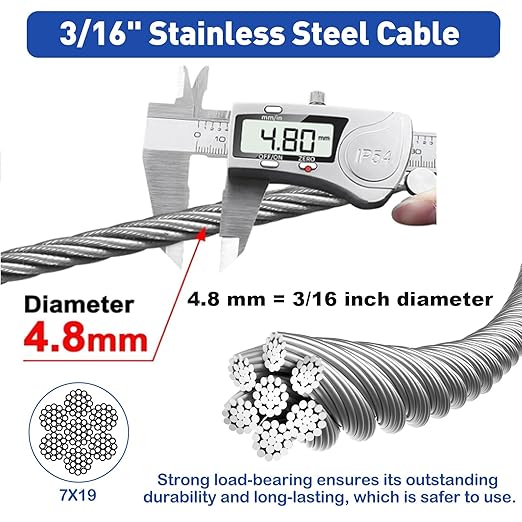 TooTaci 3/16 Wire Rope Kit with M8 Turnbuckles for Cables Wire, 50ft Stainless Steel Cable, Clamps and Thimbles, 7x19 Strands Heavy Duty Aircraft Cable for Zipline, Deck Railing, Shade Sail