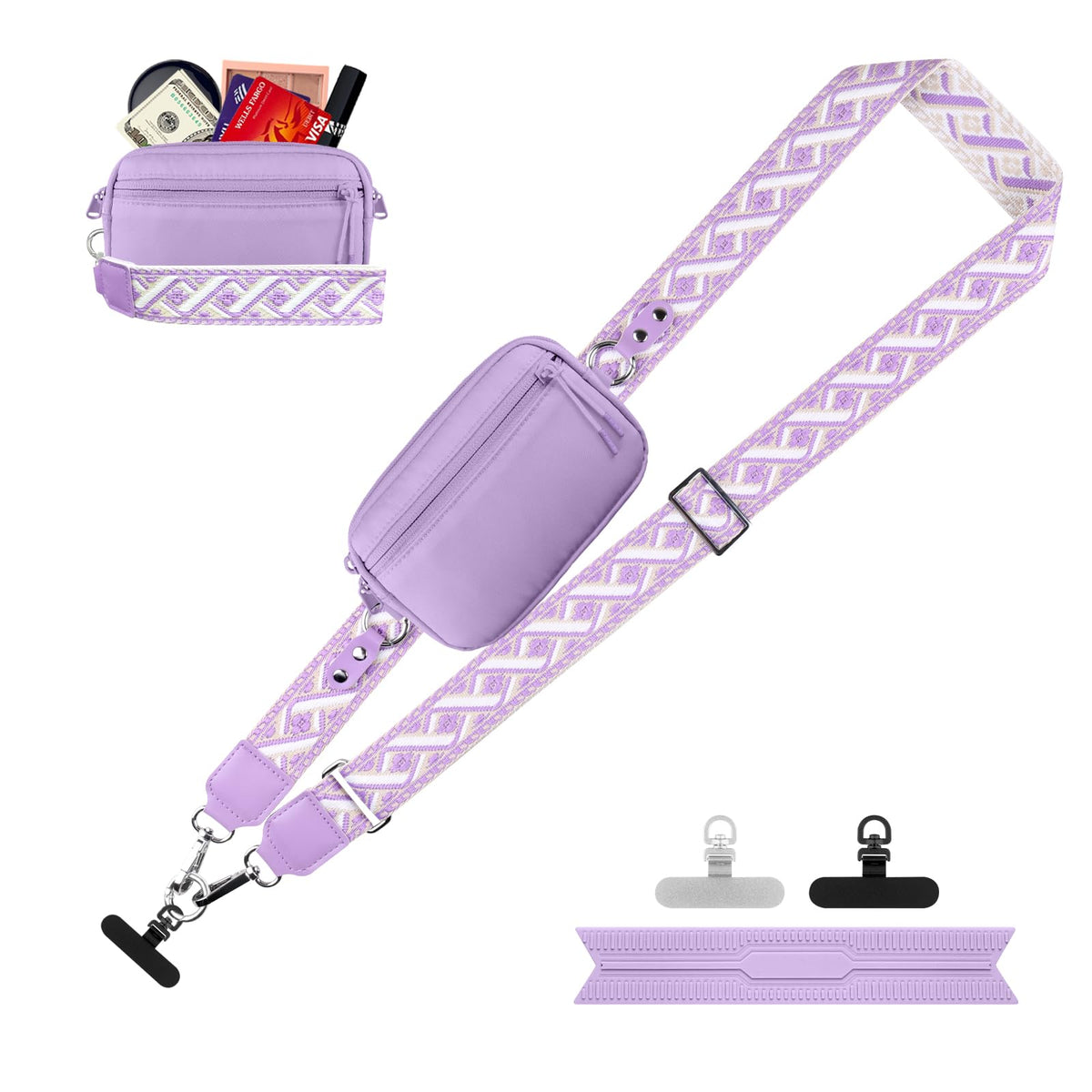 YFWE Clip and Go Strap for Phone with Wallet Crossbody, Adjustable Phone Lanyard with Detachable RFID Wristlet Wallet, Phone Strap with Phone Tabs for All Phones, Black Checkered (M)