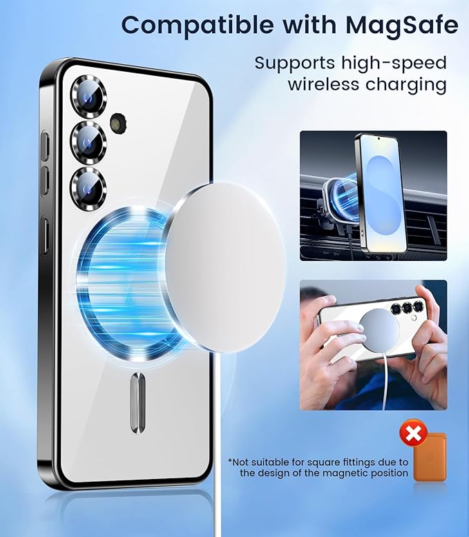 Slim Thin for Samsung Galaxy S25 Plus Case, Compatible with MagSafe, Built-in Camera Lens Protector, Shockproof Protective Phone Case, Soft Electroplated Clear Cover, Black