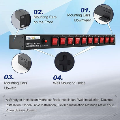 10 Outlet Horizontal 1U PDU Rack Mount Power Strip - Surge Protection,10 Individual Led Switches，AC 100V-240V-15A.for Network Server Racks, 6 ft Heavy Power Cord, ETL Listed