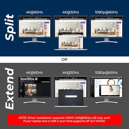 OREI SplitExtend Laptop Docking Station 3 Monitors - 2X USB 3.0, 1x Type-C, SD Card Reader - USB C Docking Station to HDMI 2.0 Extended Screen, 4K@30Hz Outputs - 100W PD