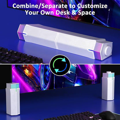 Jeecoo M20 Bluetooth Computer Speakers for PC Desktop Monitor, Gaming PC Sound Bar - Wired USB-Powered, Superb Stereo Sound, with LED Lighting (White)