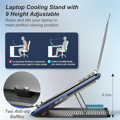 ICE COOREL Laptop Cooling Pad with 6 Cooling Fan, Laptop Cooler Fan with No Lights, Cooling pad for Laptop 15-17 Inches, Notebook Cooler Stand with 9 Height Adjustable, Cooler Pad for Lap or Desk Use