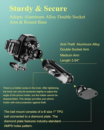 BRCOVAN Anti-Theft Phone Mount Holder with Vibration Dampener [Camera Friendly] [1s Lock & Release], with Aluminum Diamond Base & Medium Arm for Car Boat Truck Motorcycle UTV ATV Fit 5.4-7.2'' Phone