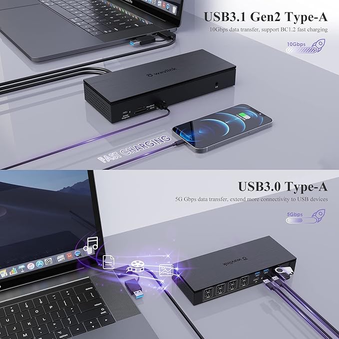 WAVLINK DisplayLink Laptop Docking Station - Quad Monitor 5K/4K@60Hz, 100W Charging - Thunderbolt 4/3, USB-C/A - M1 M2 Mac/Windows/Chrome/Ubuntu - 4 HDMI, 4 DP, 180W Power, SD 4.0 CR, 2.5Gbps LAN